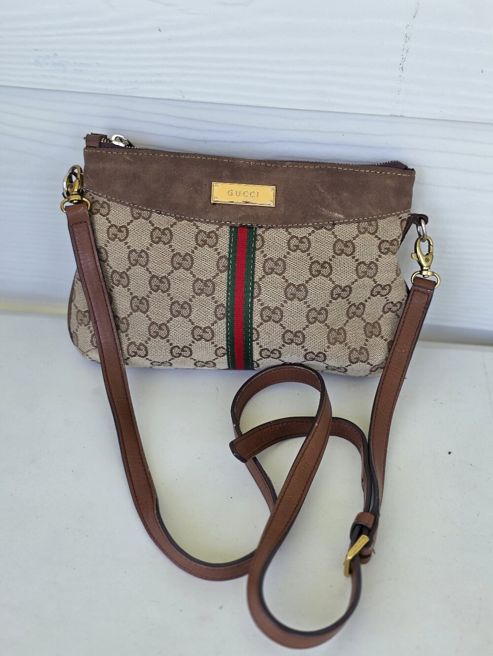 Gucci GG Supreme Web Stripe Crossbody Shoulder Bag Leather Trim Gold Hardware